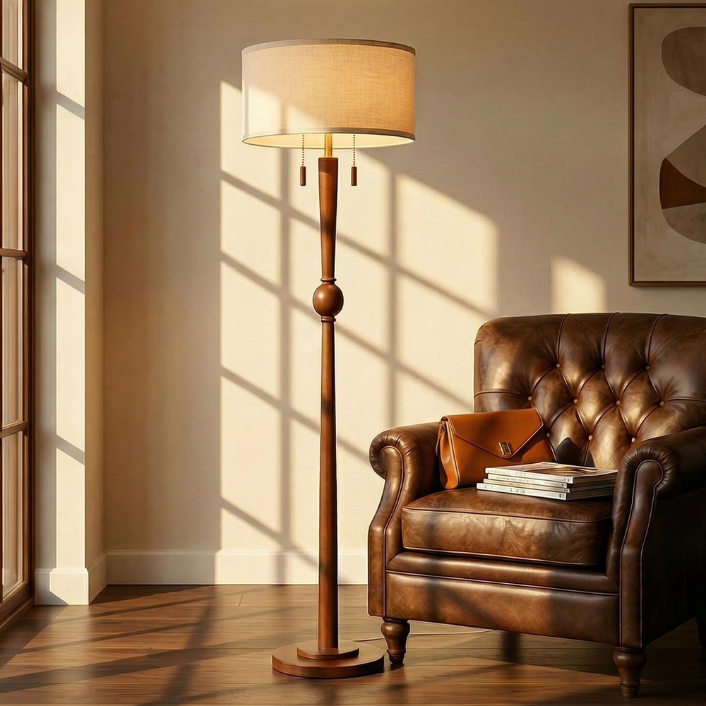 62.8" Solid Wood Floor Lamp,Tall Standing Floor Lamp with 2-Light Pull Chain,...