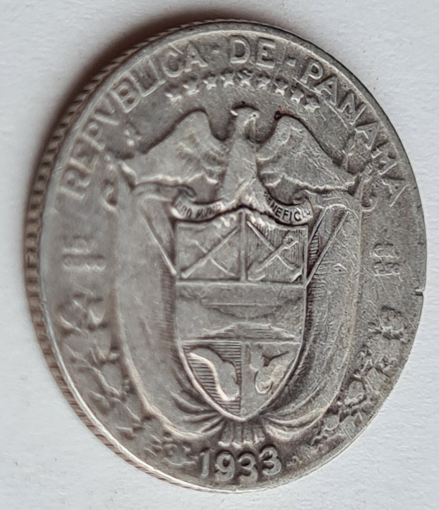 •1933•PANAMA•1/10 BALBOA•SILVER COIN•