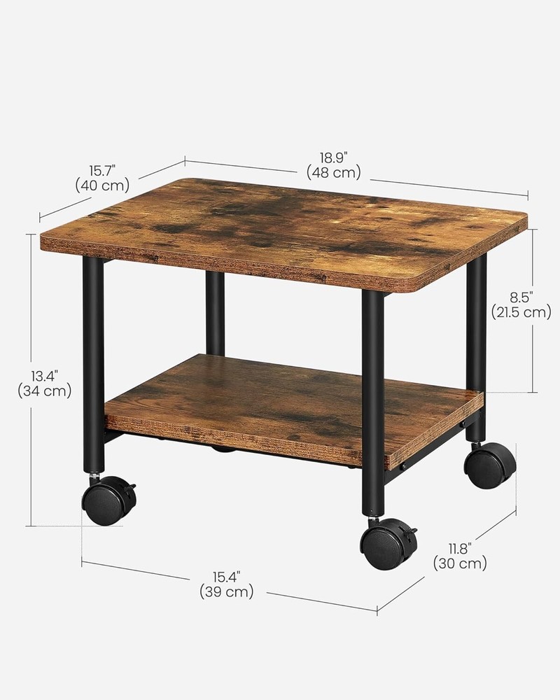 Mobile Printer Stand for Home Office - Rustic Brown & Black 2-Tier Storage Cart