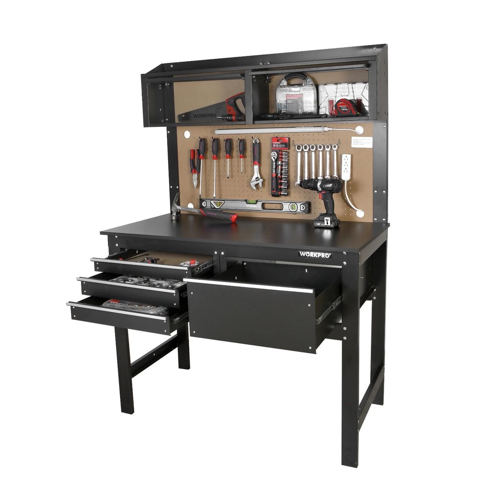 WORKPRO 2-In-1 Steel Garage Combo Workbench Workshop Tool Storage Cabinet Light