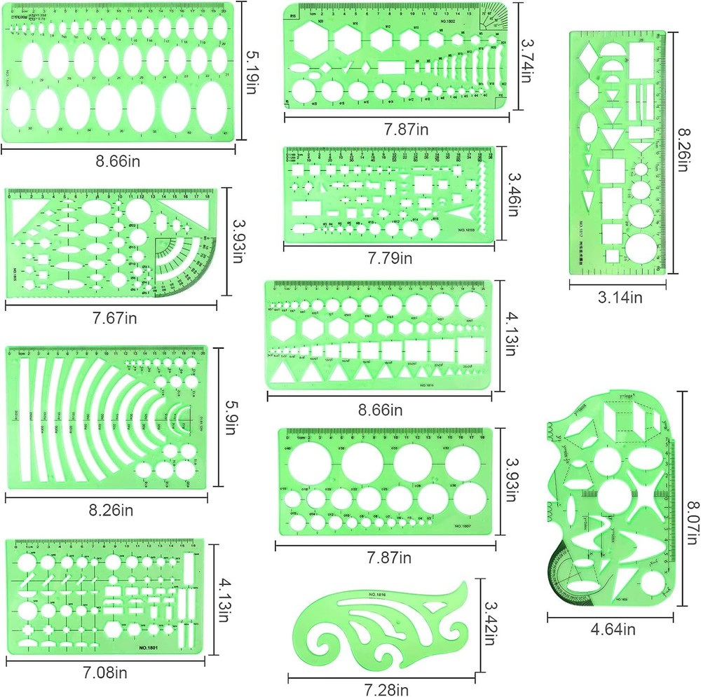 11PCS Geometric Drawings Templates, Drafting Stencils Measuring Tools,