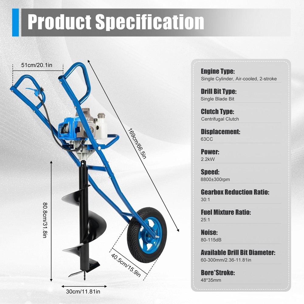 63cc 3HP 2 Stroke Post Hole Digger Earth Auger Wheeled Ground Drill with 11" Bit