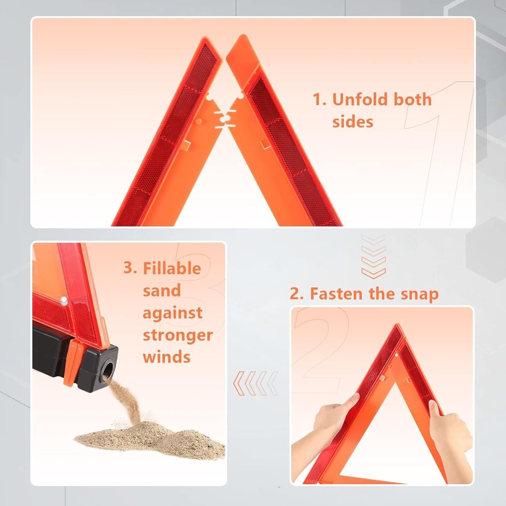 3 Pack Foldable Reflective Warning Triangles - Essential Roadside Safety Kit