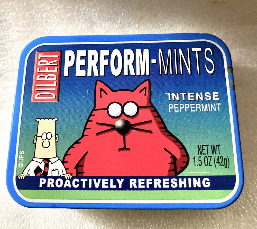 Ragold Dilbert Comic PERFORM-MINTS Candy Tin Box Containers USA