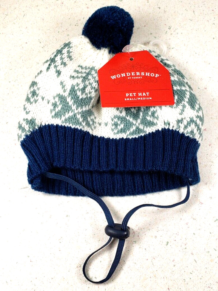 Christmas Dog Hat Blue Pom Pom Adjustable Elastic size Small/Medium