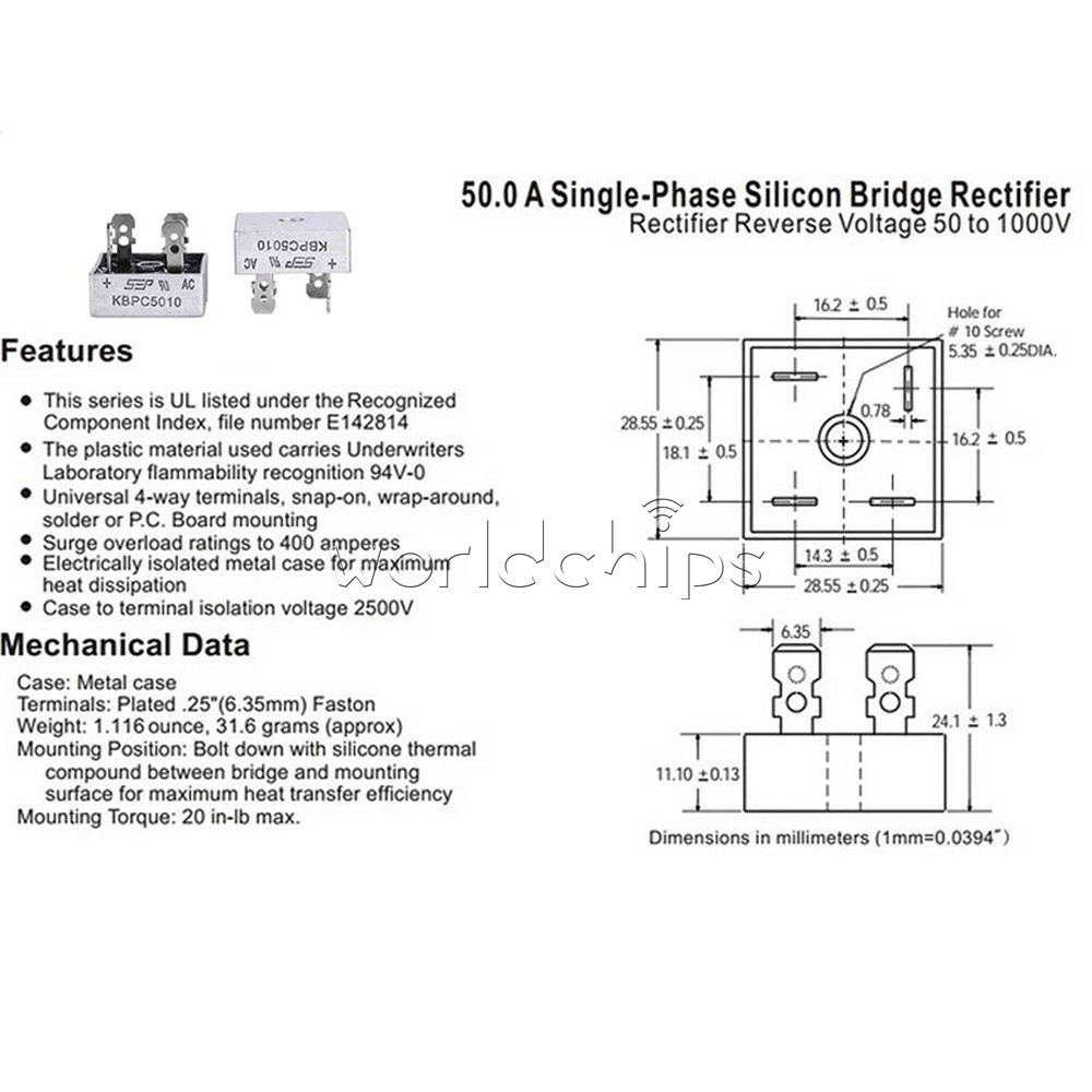 50A 1000V Metal Case Single Phases Diode Bridge Rectifier KBPC5010 WC