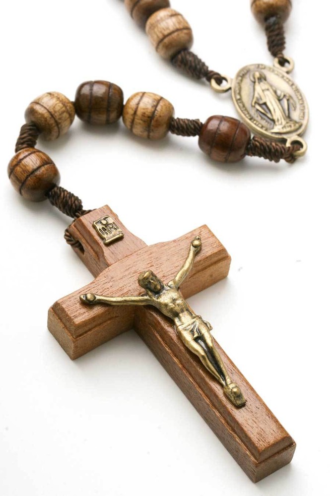Rosary Necklace for Men Wooden Brown Carved Beads Strong Cord Rope Catholic