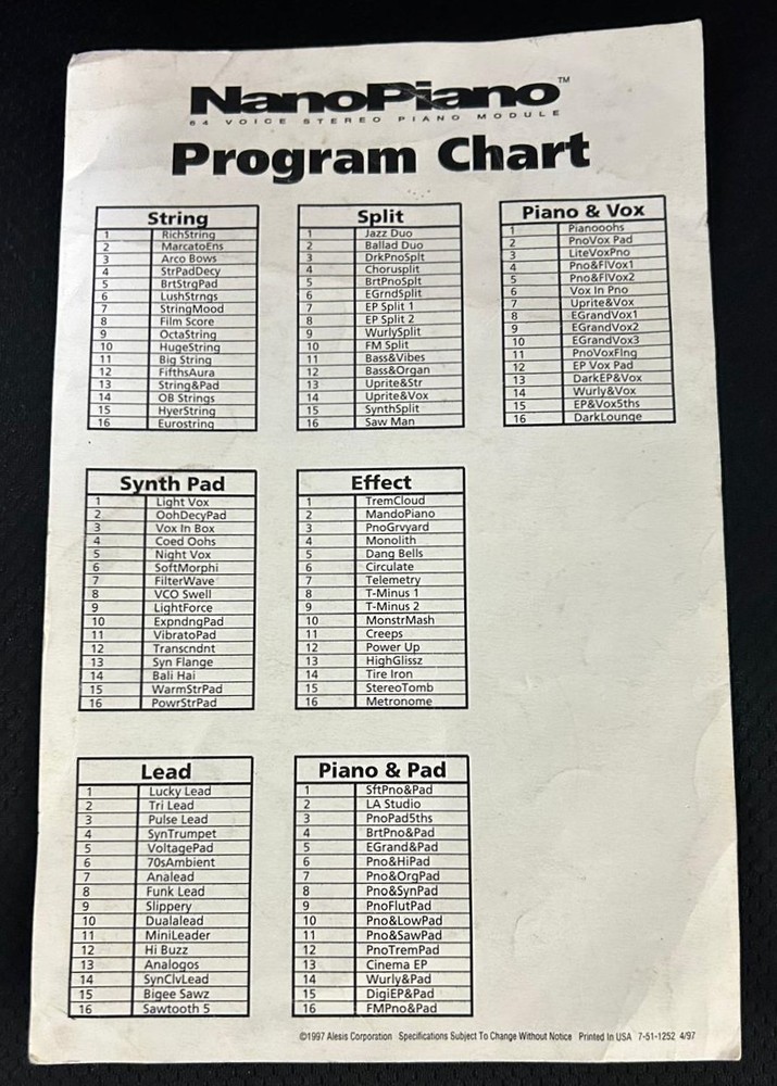 Alesis Nano Piano Sound Module + AC Adapter+Reference Manual & Program Chart.