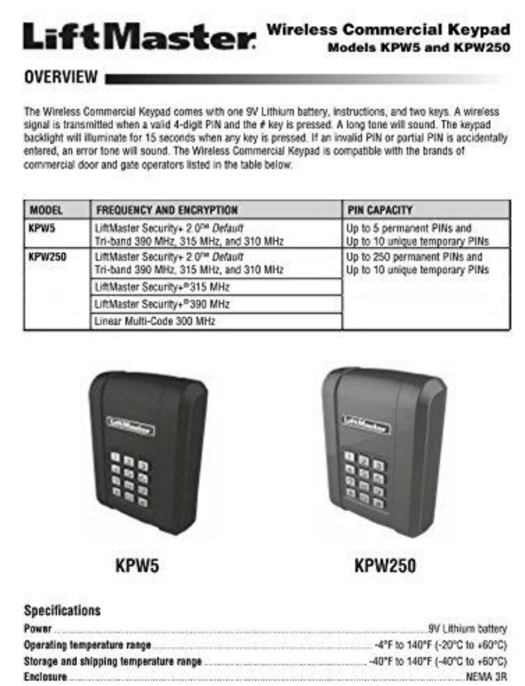 LiftMaster KPW5 Wireless 5 Code Commercial Keypad, Includes 2 Keys