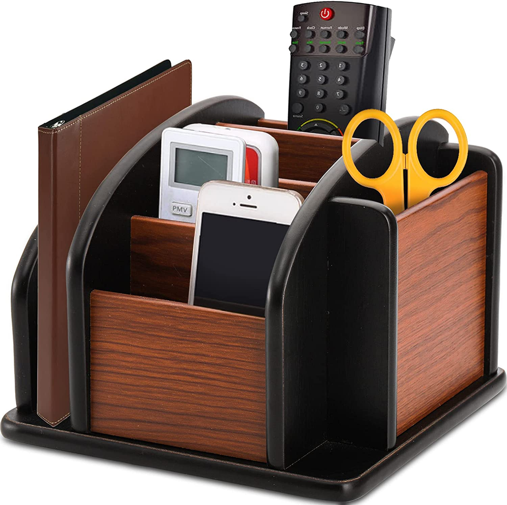 Wood Rotating Remote Caddy, Remote Control Holder for Table, 6-Compartment