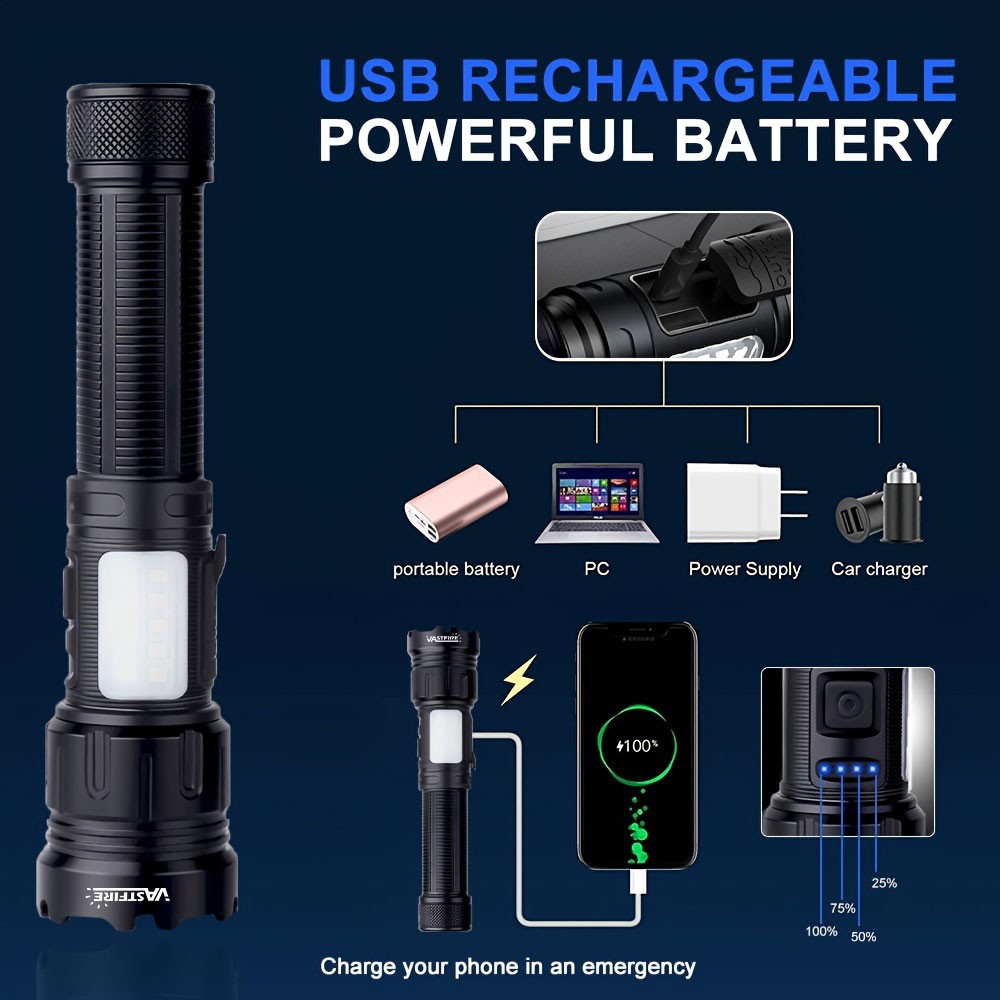 2x 20W LED Flashlight Torch Zoomable USB Charging White/Red COB Camping Light US
