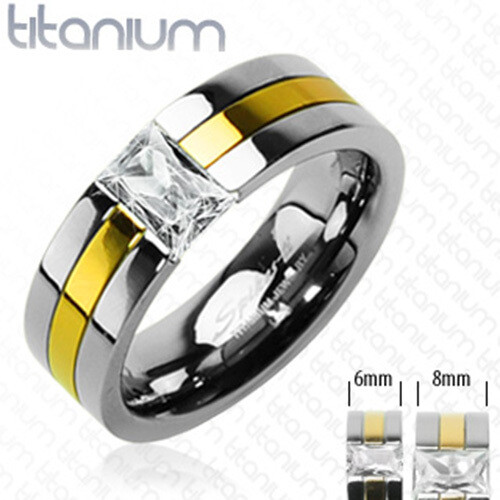 8mm Gold Plated with Emerald cut CZ Stone Two Tone Ring Solid Titanium