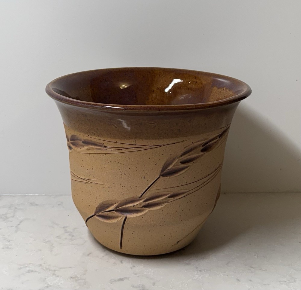 Handmade Pottery Beige Ceramic Planter Wheat Design Signed