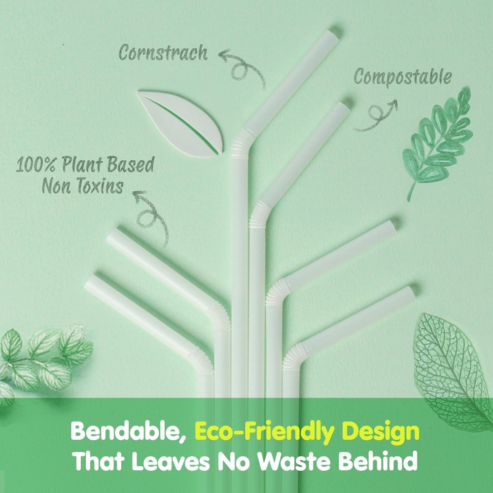 200 Count 8.25" x 0.28" Compostable Flexible Bendable PLA Straws(White) –