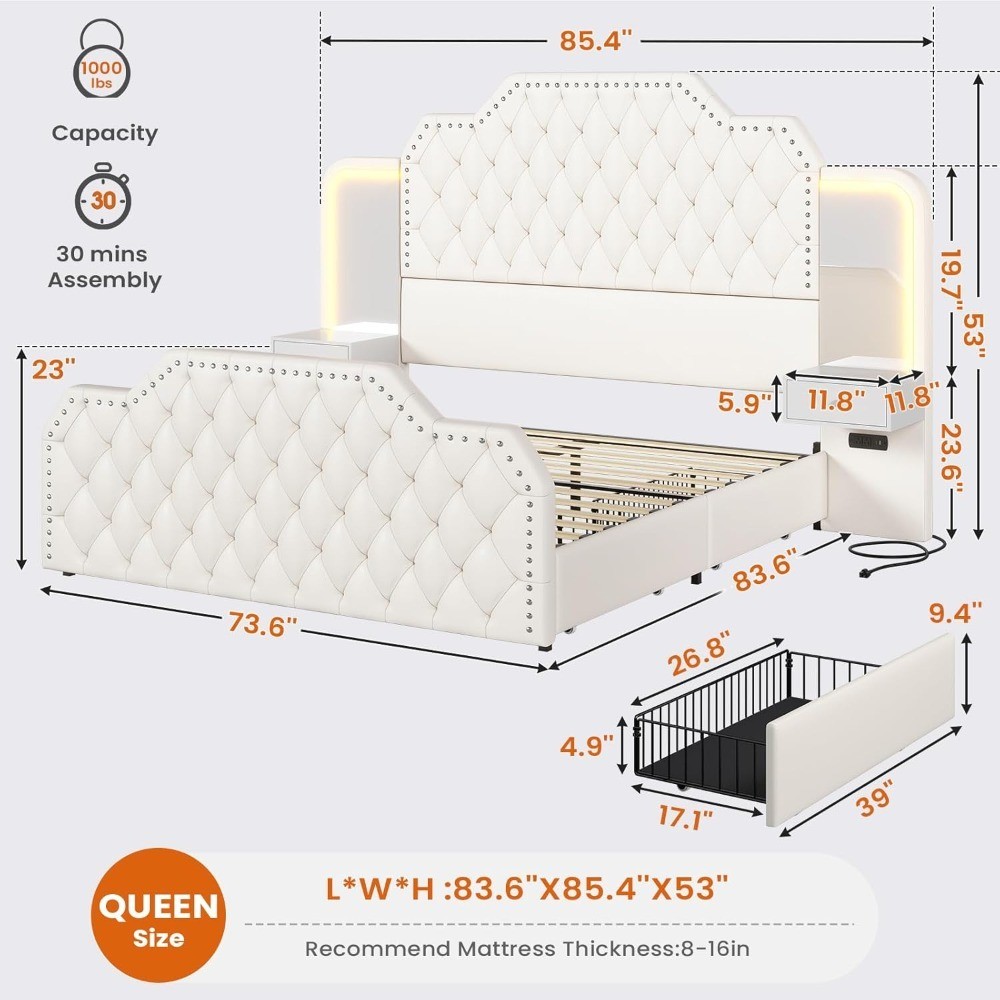 Queen Size Upholstered Platform Bed Frame with 53 Inch Tall Headboard, 4 Storage