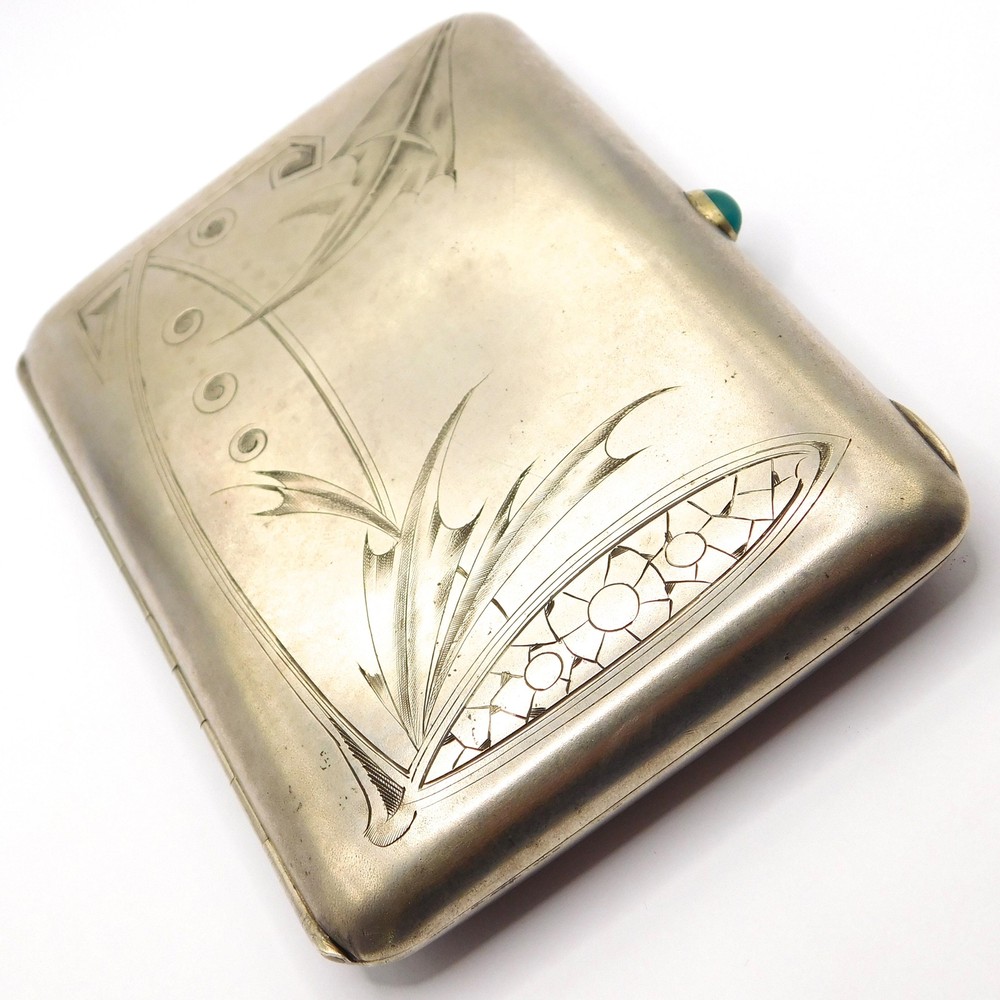 RUSSIAN IMPERIAL ARTS & CRAFTS SILVER & CHRYSOPRASE CIGARETTE CASE