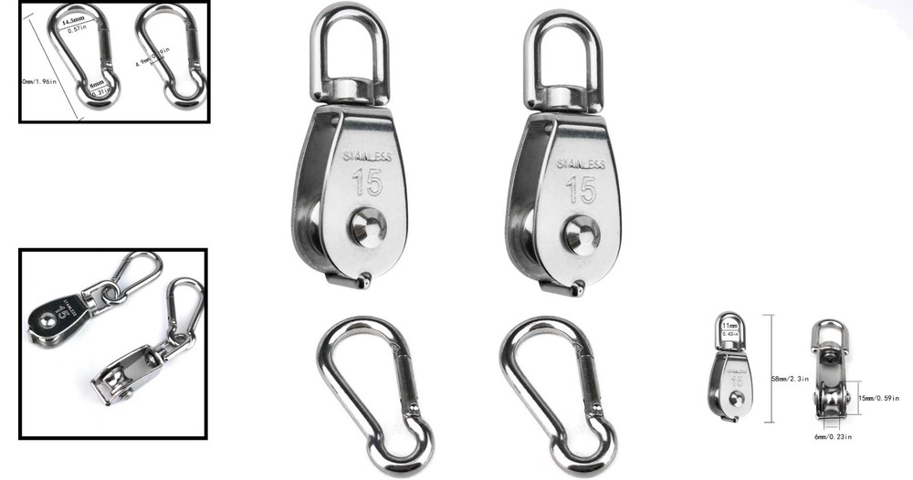 Compact 2PCS 304 Stainless Steel Pulley Blocks with Snap Hooks - Versatile Usage