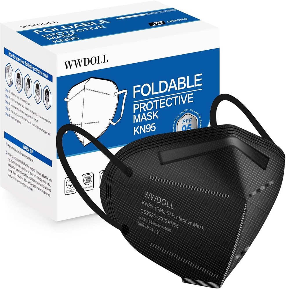 Protective KN95 Face Mask - 5-Layer Breathable Disposable - Black - 25 Pack