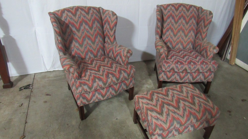 Pair Key City Wingback Chairs Ottoman Designer