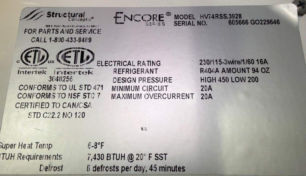 STRUCTURAL CONCEPTS ENCORE HV74RSS REMOTE GRAB N GO BAKERY OPEN AIR CASE