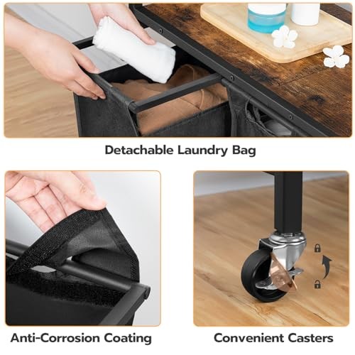 Laundry Sorter 3 Section, Laundry Hamper with Wheels, 3 × Rustic Brown + Black