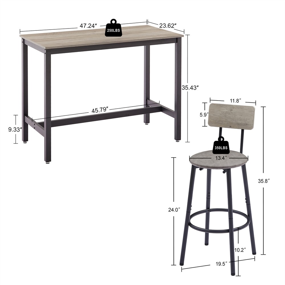 5 Piece Bar Table Set Counter Height Kitchen Pub Table with 4 Bar Stools Grey