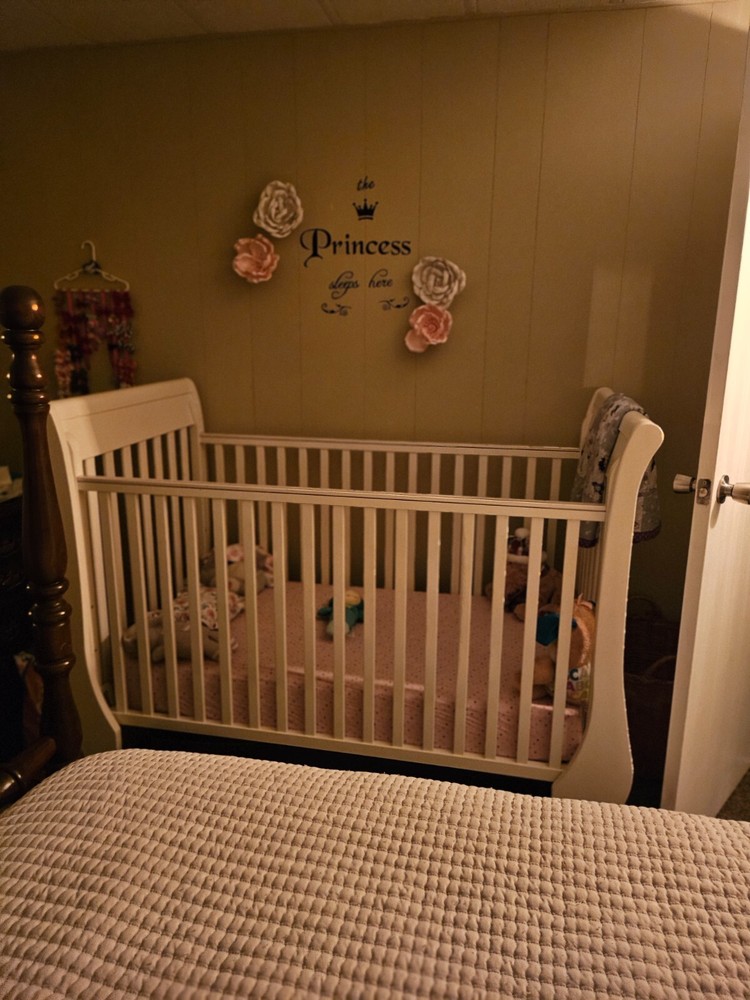 Pottery barn white sleigh crib with mattress