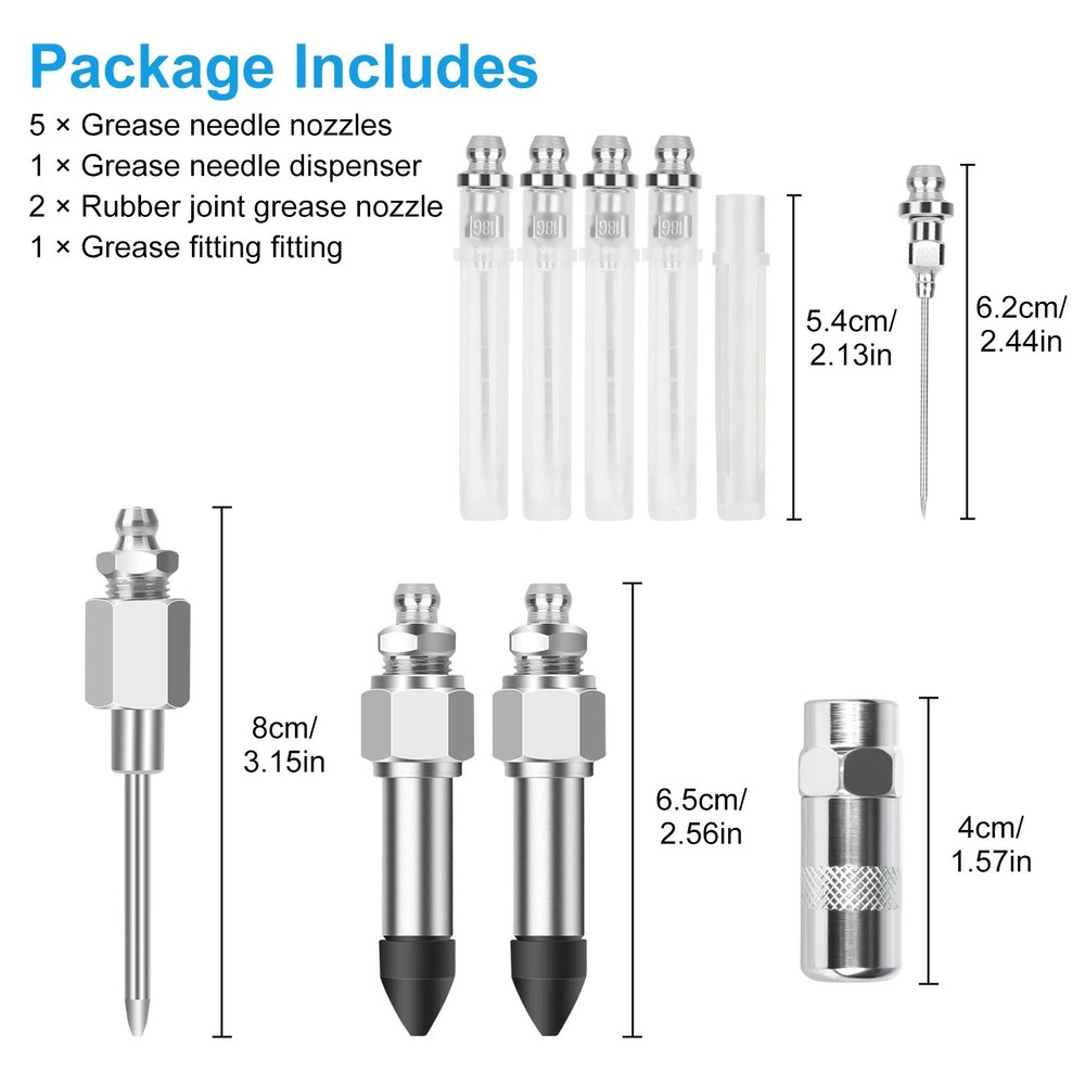 Durable Grease Gun Needle Nozzle Kit with Rubber Adapter Fitting Tool 9Pcs Set