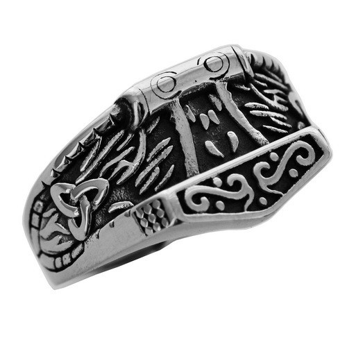 Stainless Steel Celtic Thor's Hammer Ring with Trinity Knots