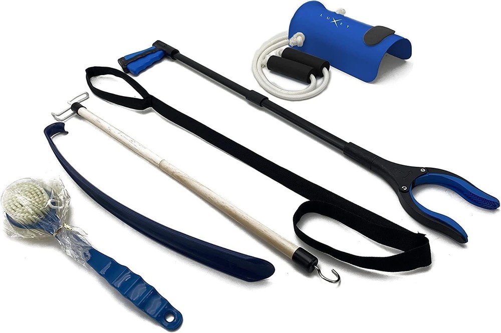 6PC Hip Replacement Kit with 32" Grabber Tool, Sock Aide & Dressing Stick - Blue