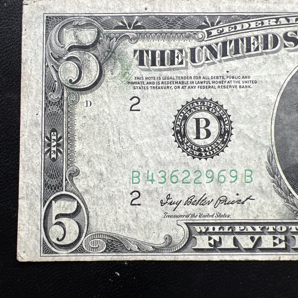 1950-A $5 ERROR NOTE ✪ PRINTING ON REVERSE ✪ OFFSET TRANSFER - Rare!