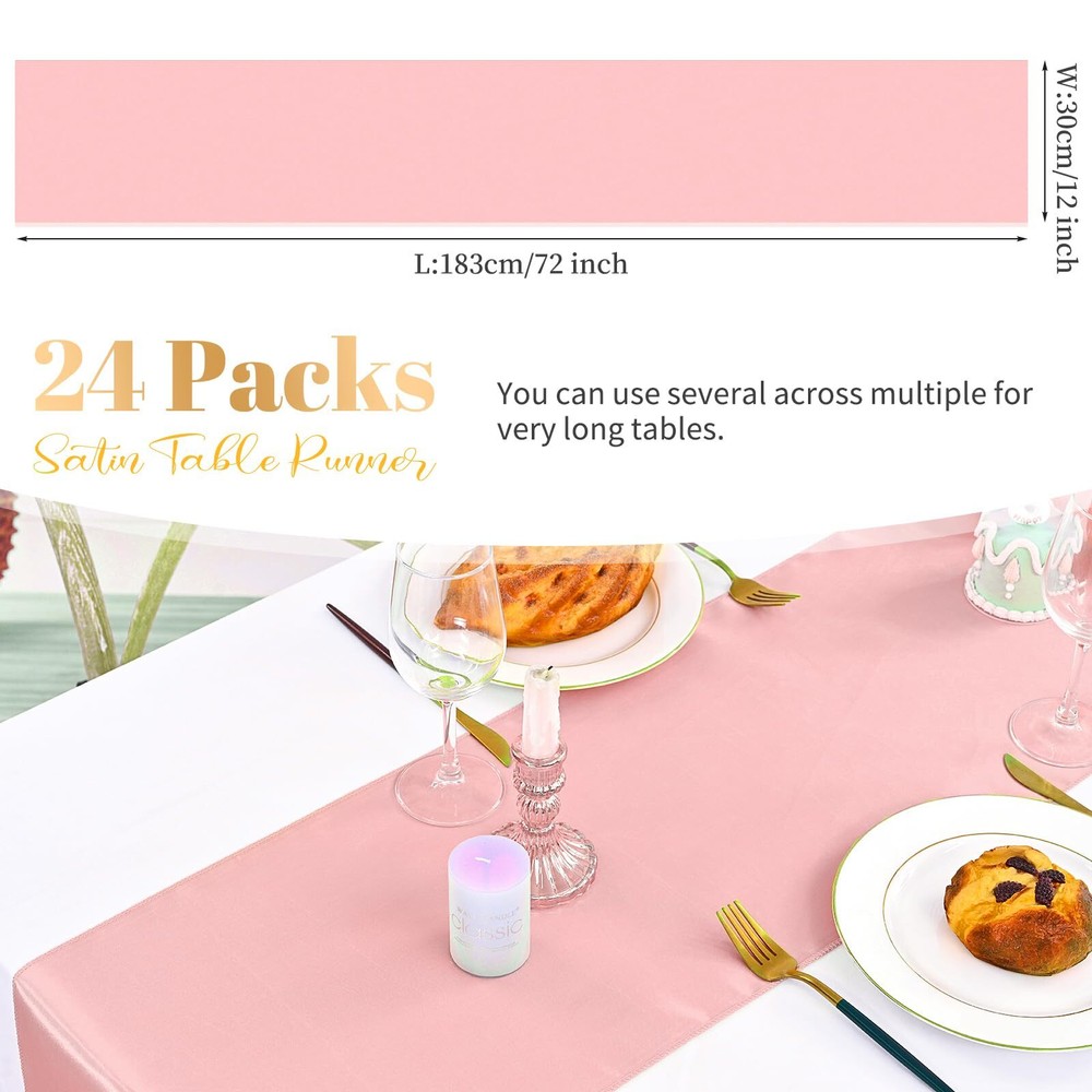 24 Pack Satin Table Runner Rose Gold12×72 Inch Bright Smooth Silk Table Runne...