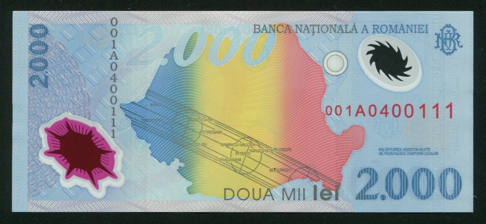 t089 LUCKY SERIAL 0400111 ROMANIA 2000 LEI 1999 SOLAR ECLIPSE POLYMER BANKNOTE