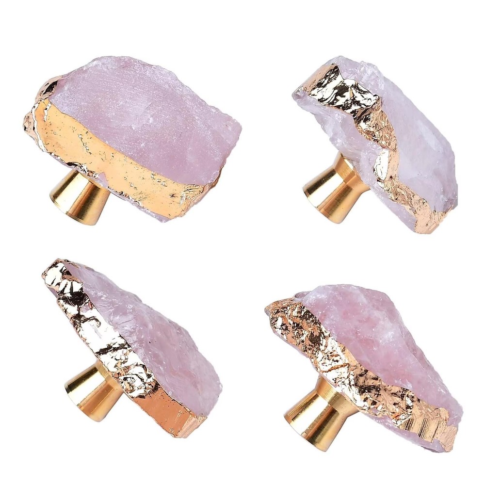 Rose Quartz Drawer Cabinet Knobs Pink Crystal Stone Knobs Handles Gold Plated...