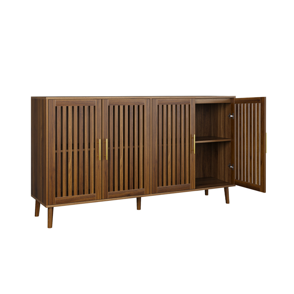 63" Walnut Sideboard Buffet Cabinet w/ 4 Doors, Adjustable Shelves
