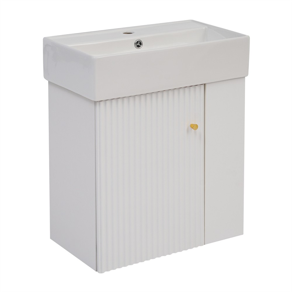 Modern Floating Bathroom Vanity Cabinet with Ceramic Basin and Side Storage