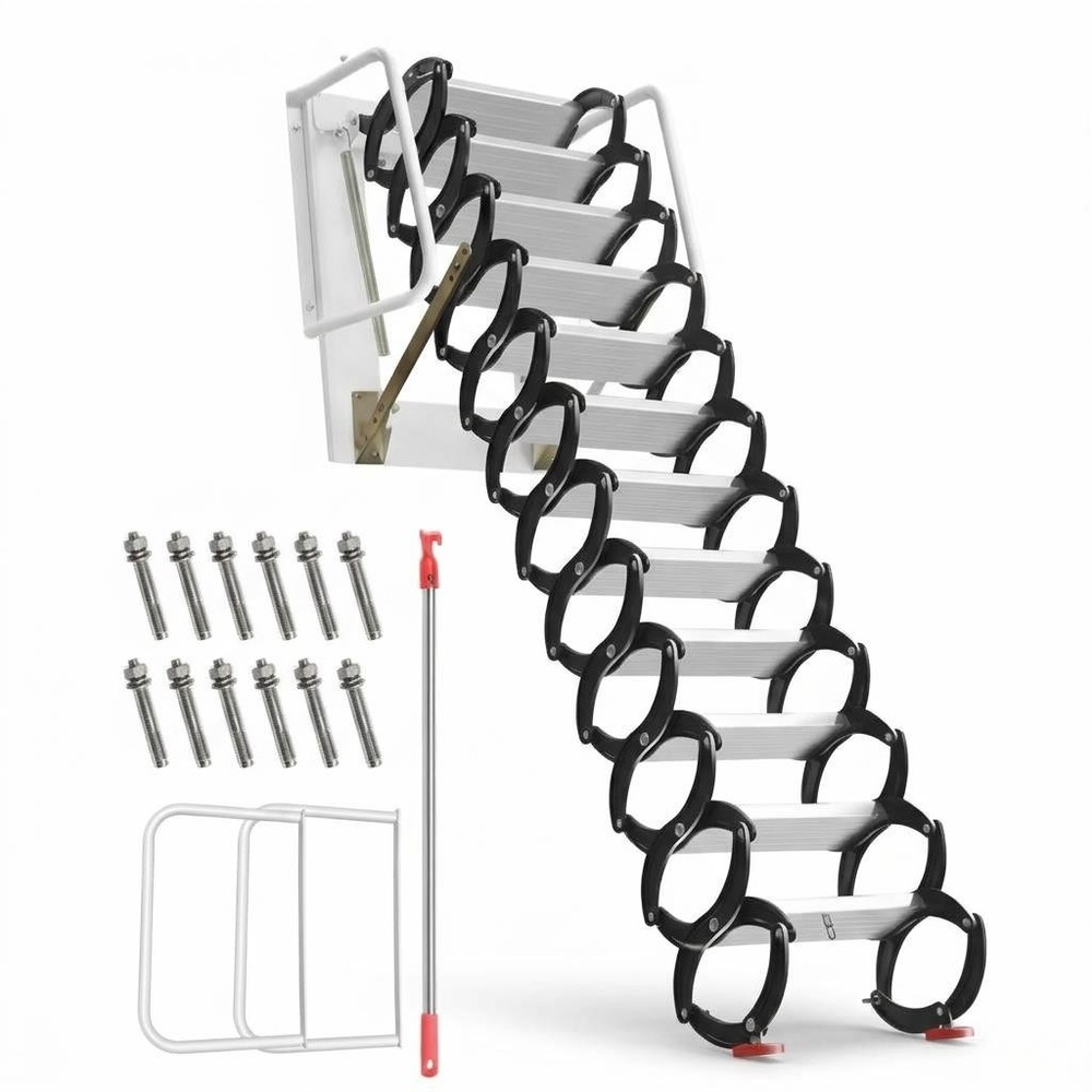 12 Steps Wall Mounted Folding Ladder Loft Stairs Black Attic Steps Pull Down