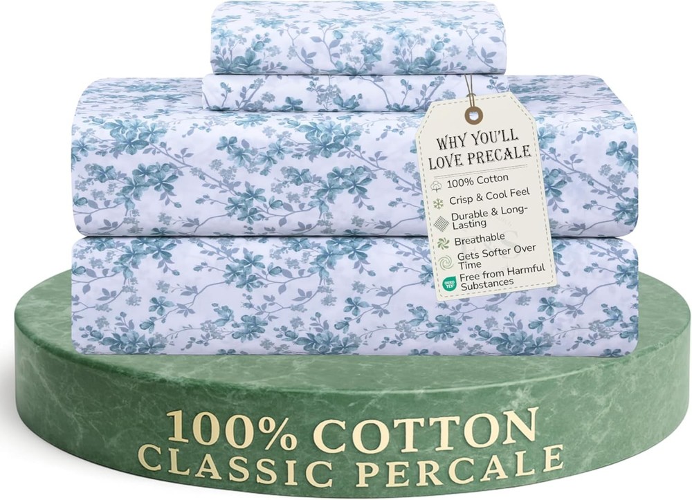Feather & Stitch Softest 100% Cotton Sheets, 300 Thread Count Percale Weave B...