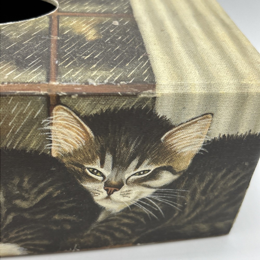 Primitive Tissue Box Bob’s Boxes All Creatures Cats Kittens Rainy Window VTG