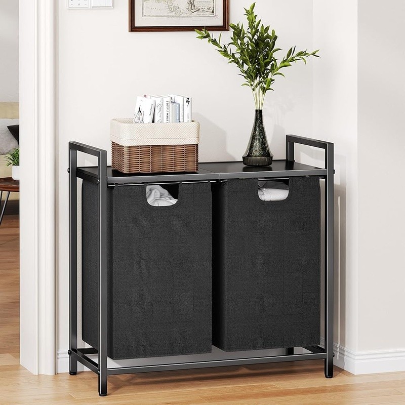 Dual Compartment Laundry Hamper W/ Pull-Out Bags Shelf Organizer Durable Fabric
