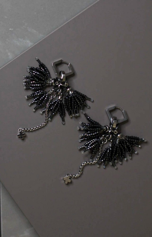 Handcrafted Beaded Dangle Earrings, Black Silver Tone