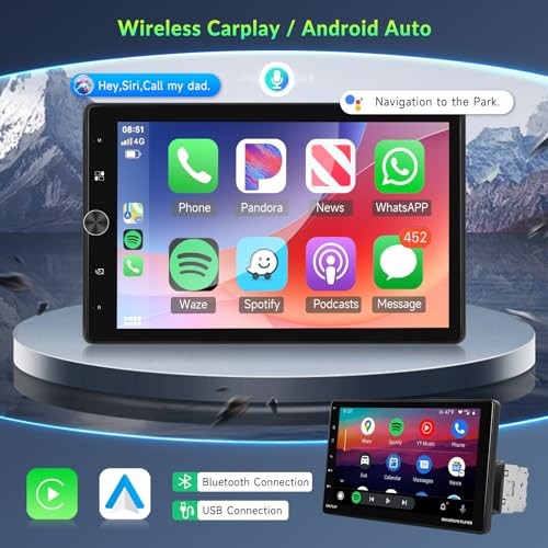 10.4" Single Din Touchscreen Car Stereo with Wireless Carplay& Android Auto,