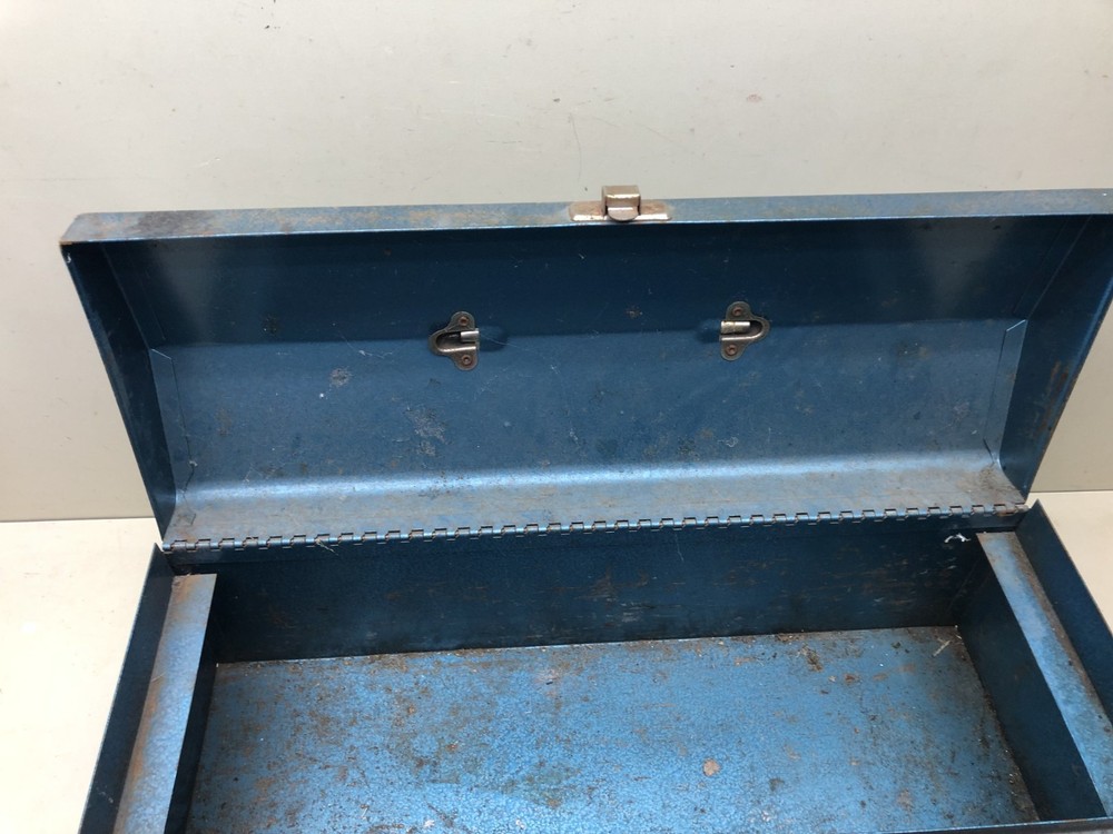 Vintage Blue Metal Toolbox With Red Tray Insert