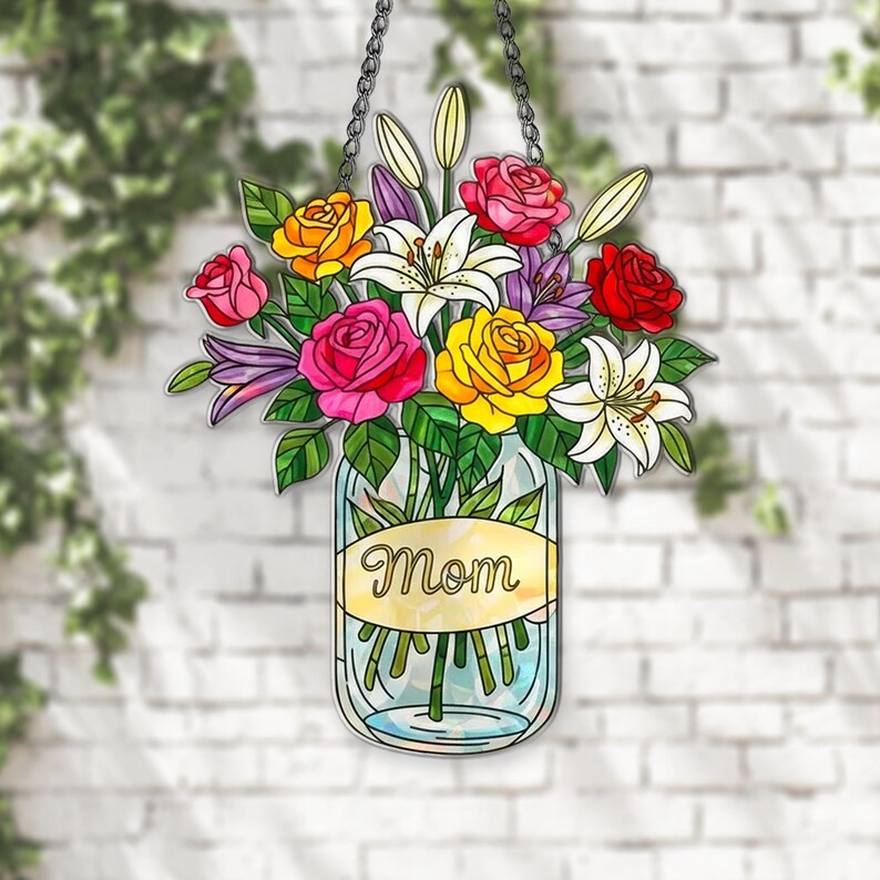 Personalized Mom Flower Jar Acrylic Suncatcher Gift