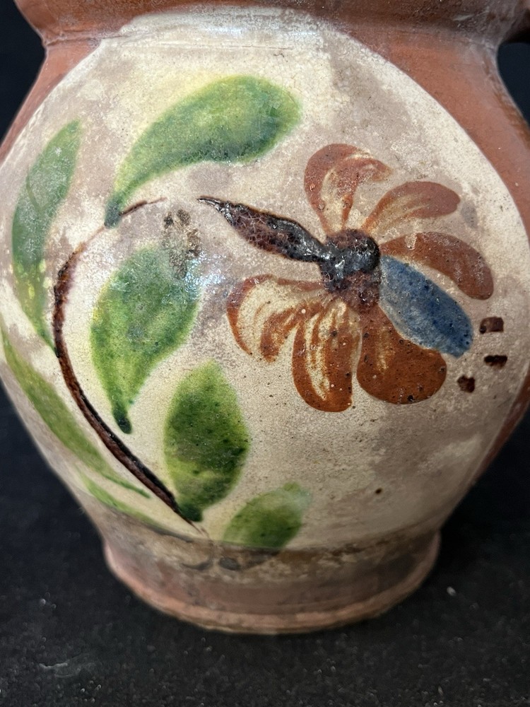 Fantastic Circa 1800’s Redware Milk Pitcher Applied Handle Painted Florals.