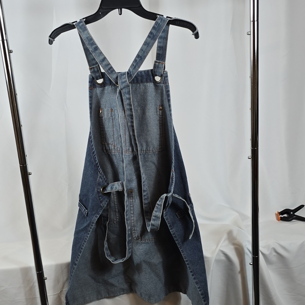 Blue Denim Work Apron Solid Pattern Multiple Pockets Adjustable Straps Unisex