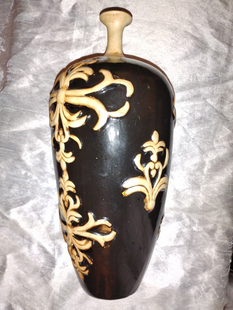 Decorative Glazed Narrow Neck Vase With Raised Scrollwork