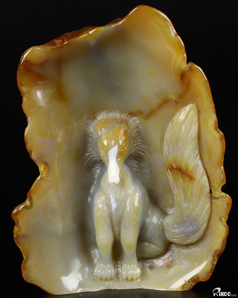 6.7" Agate Carved Crystal Fox Sculpture, Realistic