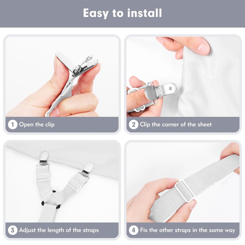 4 Pcs Bed Sheet Straps, Adjustable Fitted Sheet Clips Keeping Sheets Place He...