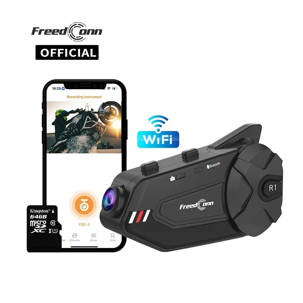 Freedconn R1 Plus Motorcycle Intercom Dash Cam 1080P Bluetooth Headset